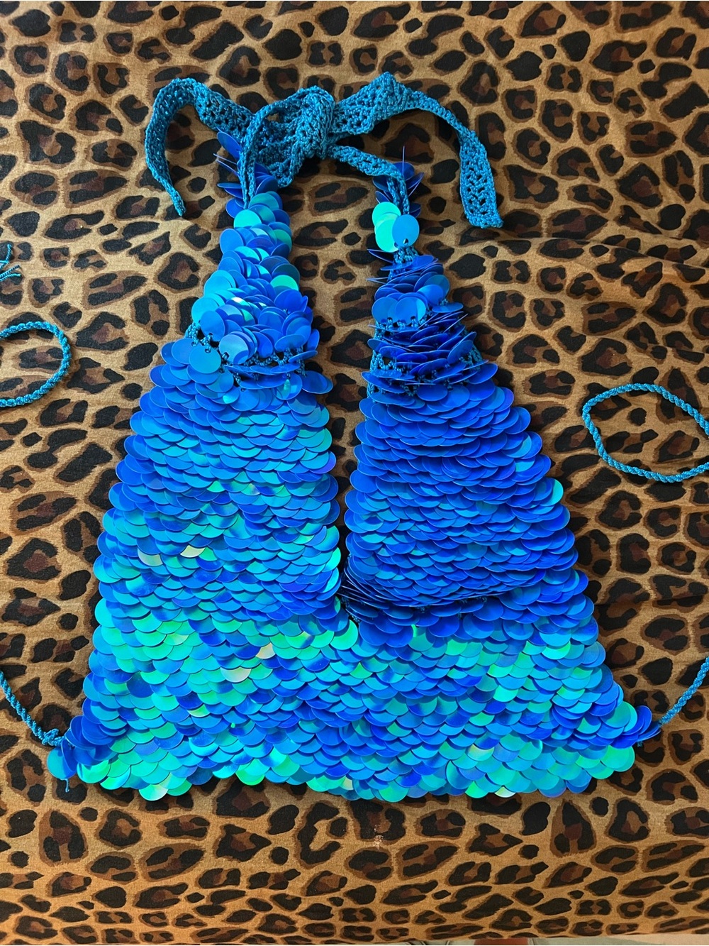 Blue Sequin Halter Crop Top